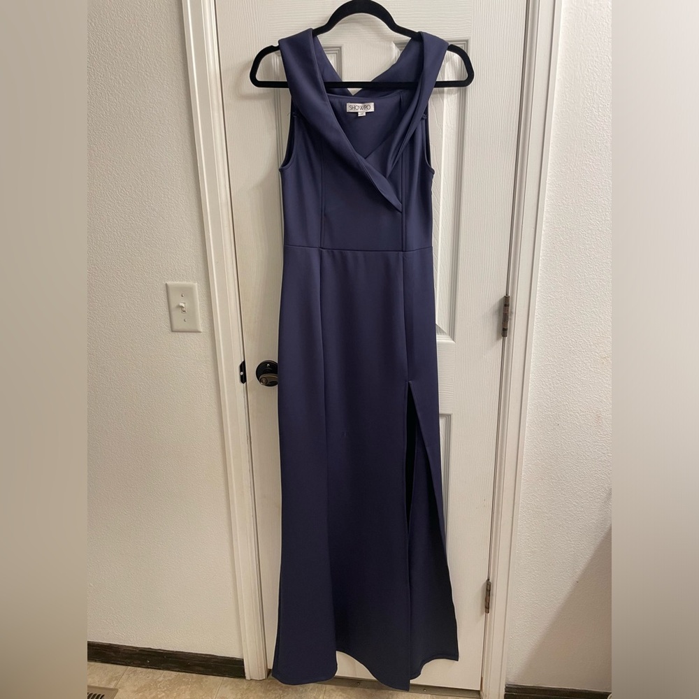 Formal gown, purple, off the shoulder, floor length, slit